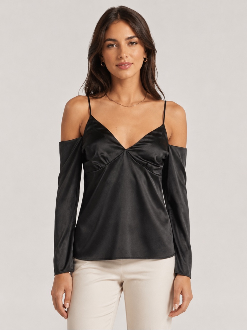 Wayf Black Satin Cold-Shoulder Cami Top
